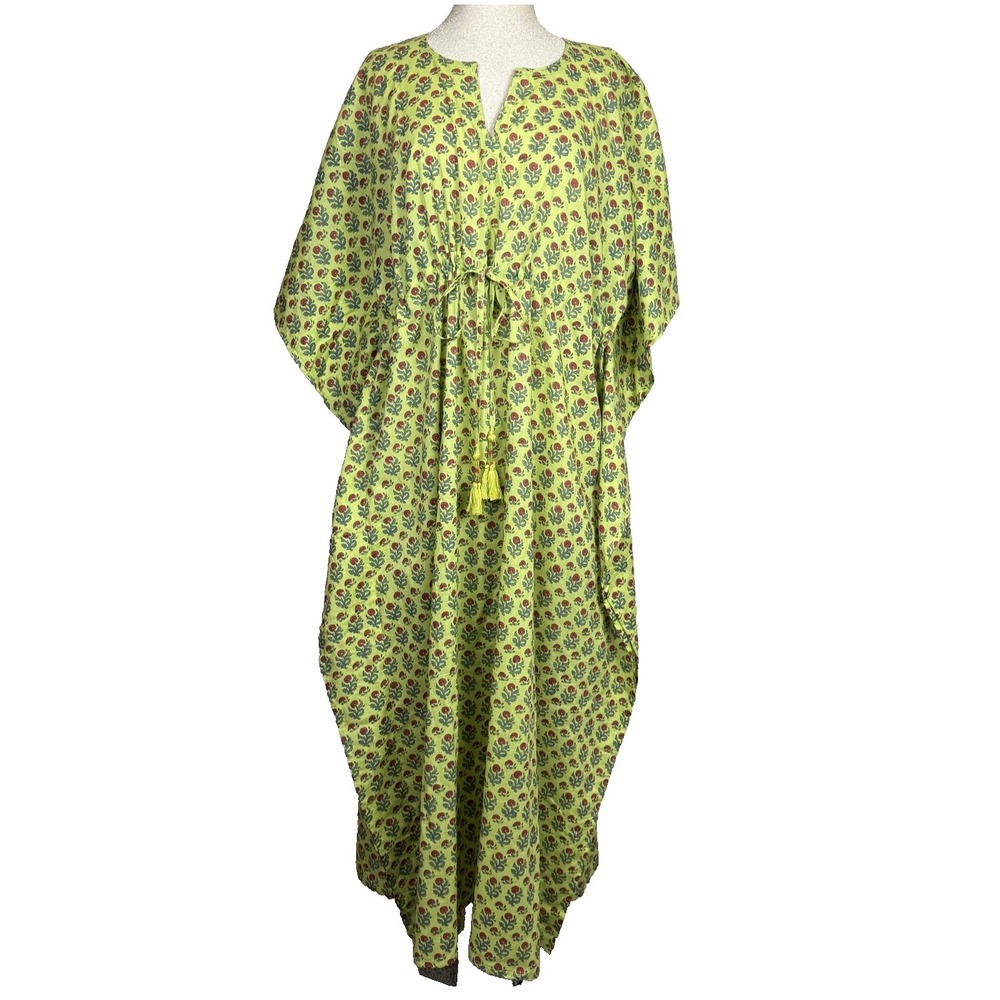 Pax Philomena‎ Dress Women One Size Green Floral Kaftan Maxi Tassel Boho Resort
